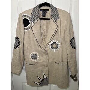 I.B Diffusion Vintage Funky Linen Blend Blazer Size 6 Embellished Celestial 80s